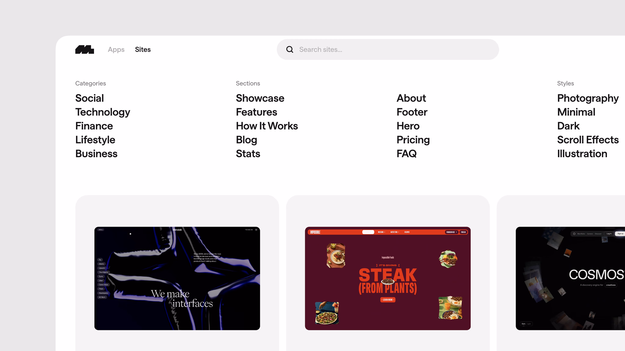 Mobbins Sites-galleri: øverst filtre for kategorier, sektioner og stilarter, Social, Technology, Showcase, Hero, Pricing, Minimal, Dark, og nedenunder et gitter af screenshots fra rigtige websites, blandt andre Metalab, Impossible Foods og Cosmos.