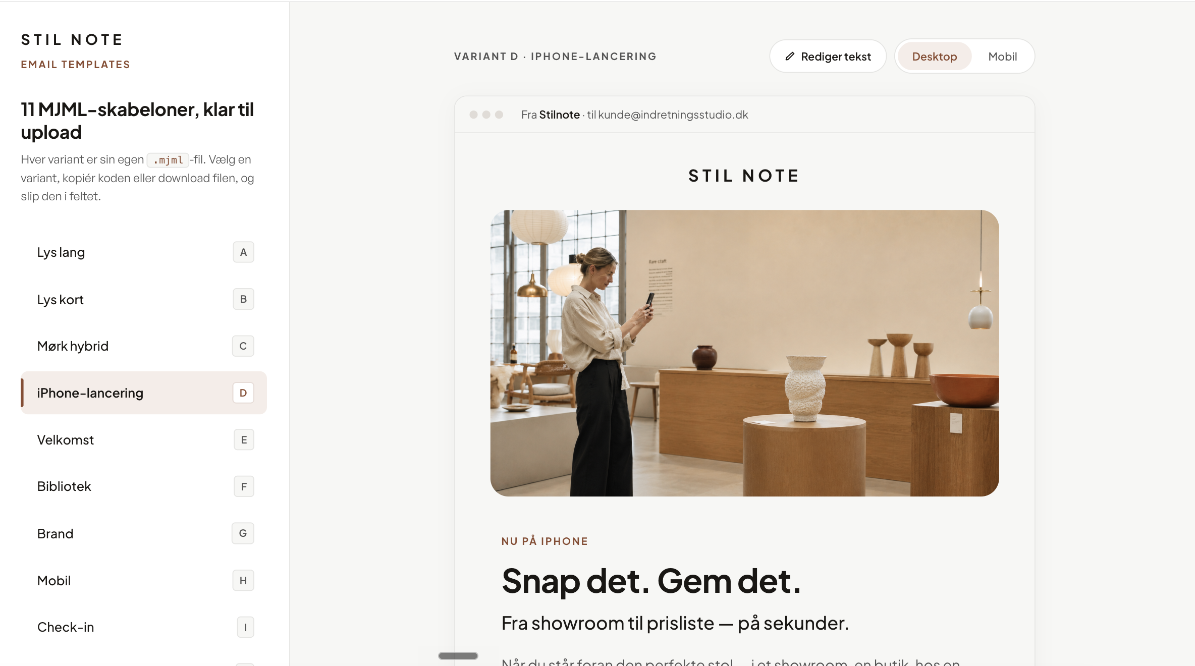 Stilnotes email-templates i Claude Design, sidebar med varianter til venstre og preview af iPhone-lancerings-mailen til højre
