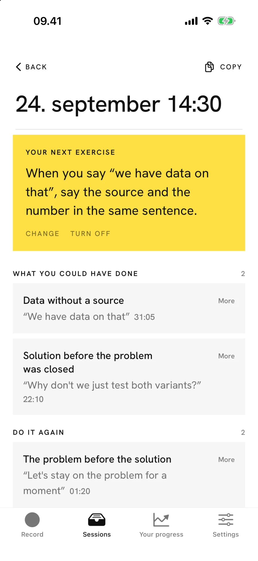 Lyt on iPhone: the feedback screen with your next practice and the moments in the meeting you could have handled differently