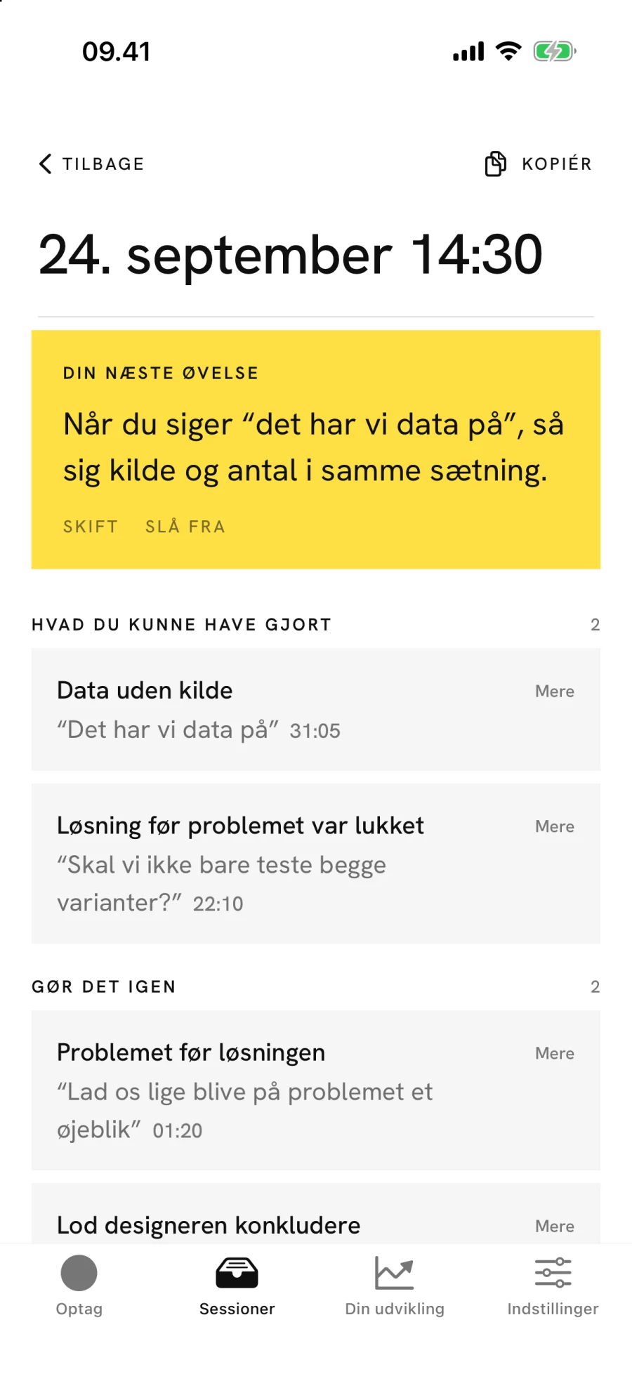 Lyt på iPhone: feedback-skærmen med din næste øvelse og de steder i mødet, du kunne have gjort anderledes