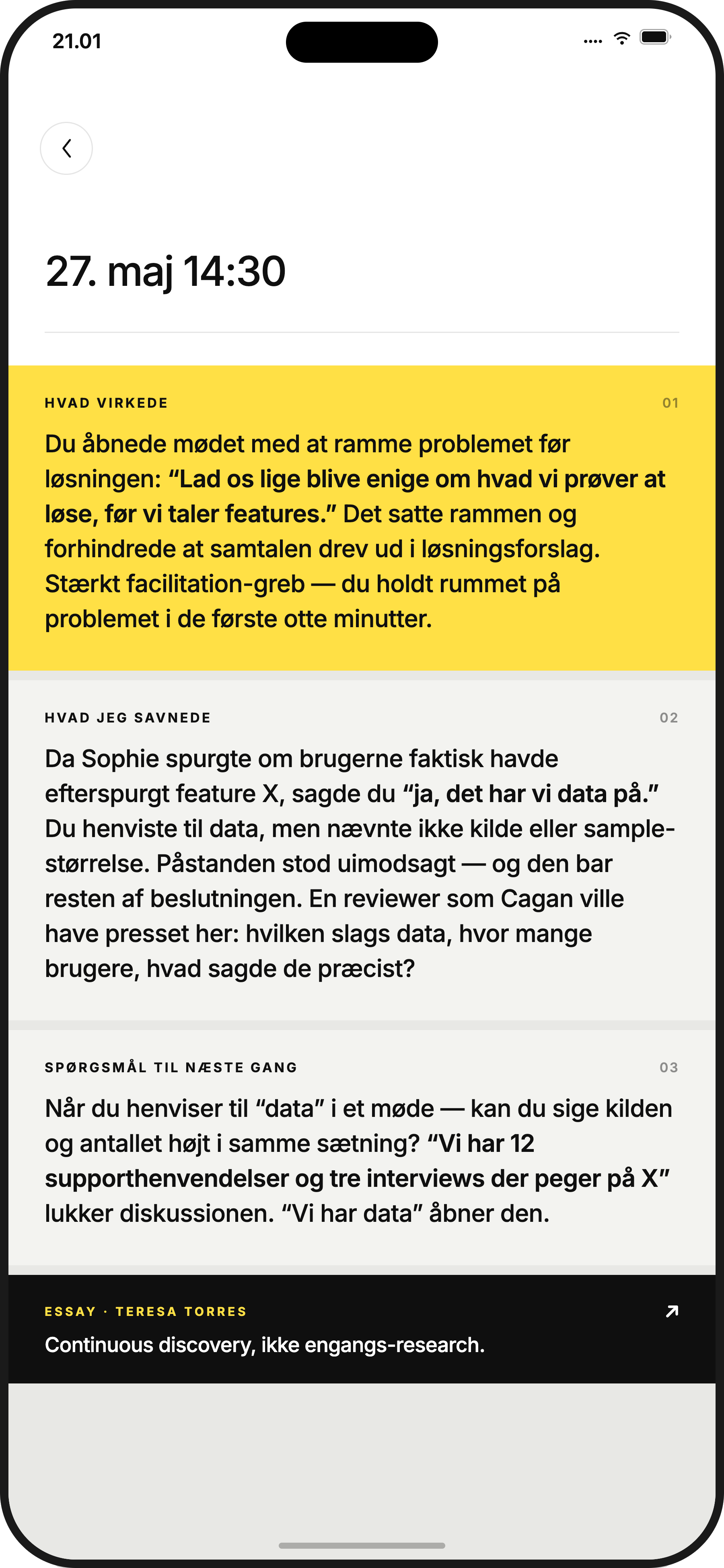 Skærmbillede: konkret feedback med citater fra mødet