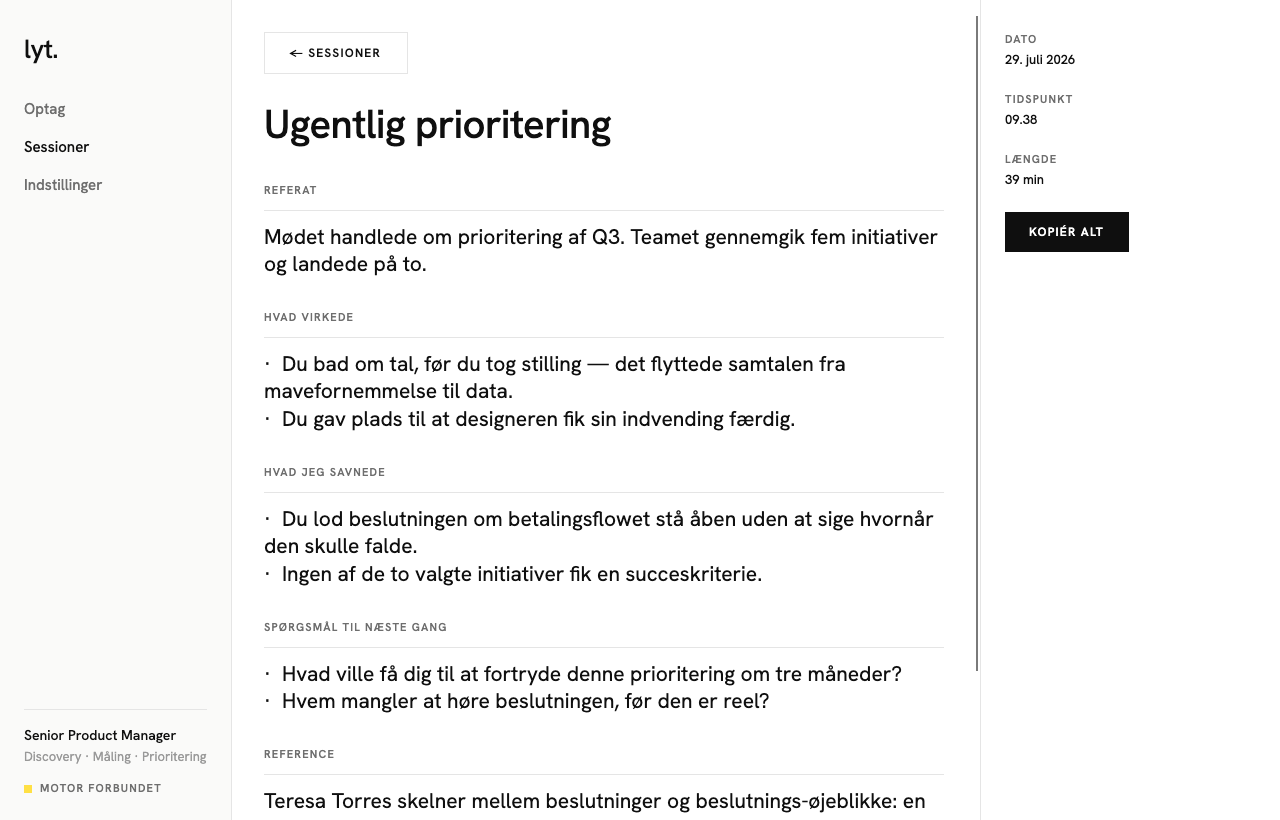 Skærmbillede af Lyt på Windows, feedback fra et møde